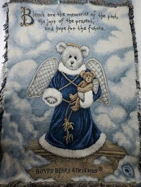 VINTAGE Boyds Bear Friends Tapestry Throw Blanket w Angel 2001 "Blessed are Memo